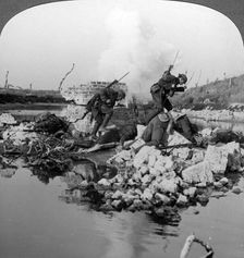 British soldiers in action at the Crozat Canal, France, World War I, 1914-1918.Artist: Realistic Travels Publishers