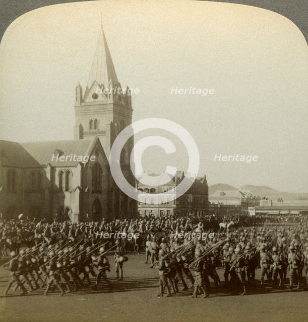 British soldiers reviewed by Lord Roberts, Public Square, Pretoria, South Africa, Boer War, 1900.Artist: Underwood & Underwood