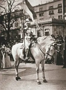 British suffragette Elsie Howey as Joan of Arc, London, 17 April 1909. Creator: Unknown
