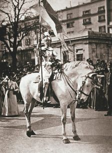 British suffragette Elsie Howey as Joan of Arc, London, 17 April 1909. Creator: Unknown