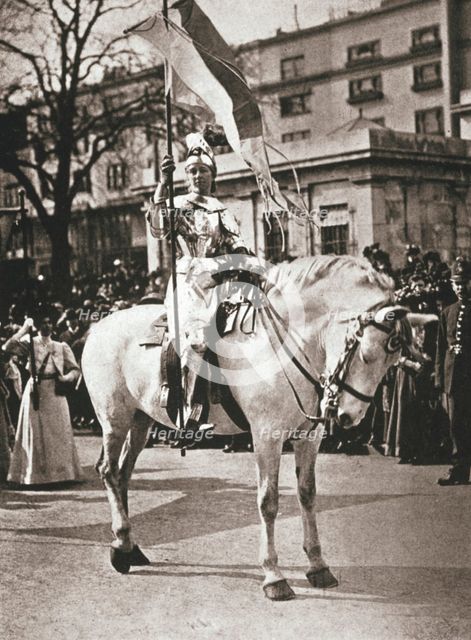 British suffragette Elsie Howey as Joan of Arc, London, 17 April 1909. Creator: Unknown.