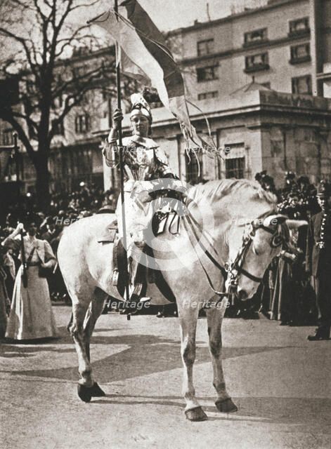 British suffragette Elsie Howey as Joan of Arc, London, 17 April 1909. Artist: Unknown