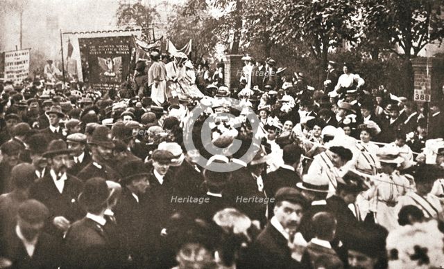 British suffragette Emmeline Pethick-Lawrence's release from prison, 17 April 1909. Creator: Unknown.