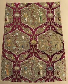 Brocaded velvet with falconer and attendant in animated lattice, from a robe, mid 1500s. Creator: Unknown