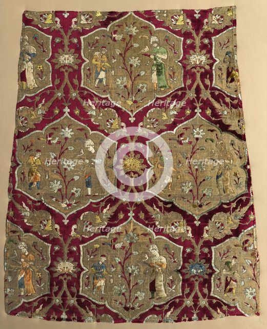 Brocaded velvet with falconer and attendant in animated lattice, from a robe, mid 1500s. Creator: Unknown.