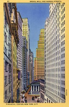 Broad, Wall and Nassau Streets, New York City, New York, USA, 1933