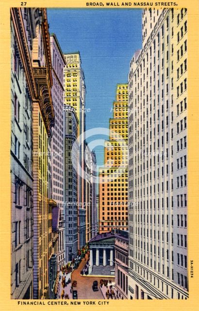 Broad, Wall and Nassau Streets, New York City, New York, USA, 1933. Artist: Unknown