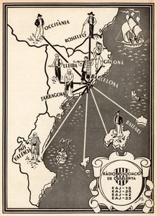 Broadcasting map of Radio Associació of Catalonia in the range of Catalan countries, 1934