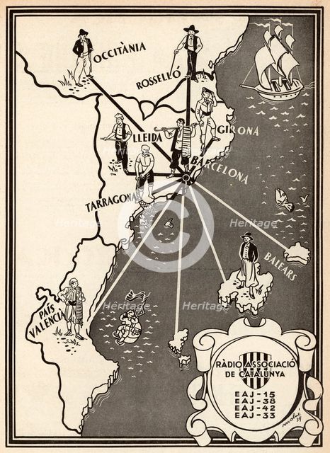 Broadcasting map of Radio Associació of Catalonia in the range of Catalan countries, 1934.
