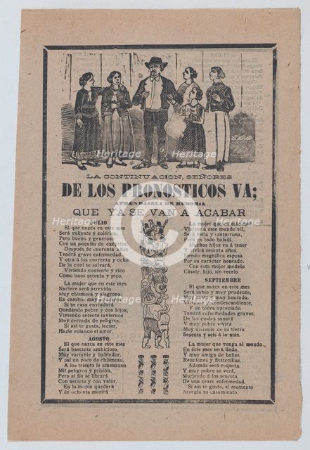 Broadsheet with monthly horoscopes; a group of women surrounding one man and a crowd of pe..., 1903. Creator: José Guadalupe Posada.