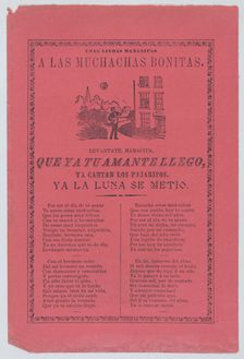 Broadsheet with a ballad about a man who stands outside his lover's window and sings to..., ca.1905. Creator: José Guadalupe Posada