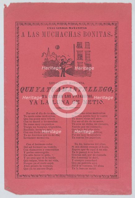 Broadsheet with a ballad about a man who stands outside his lover's window and sings to..., ca.1905. Creator: José Guadalupe Posada.