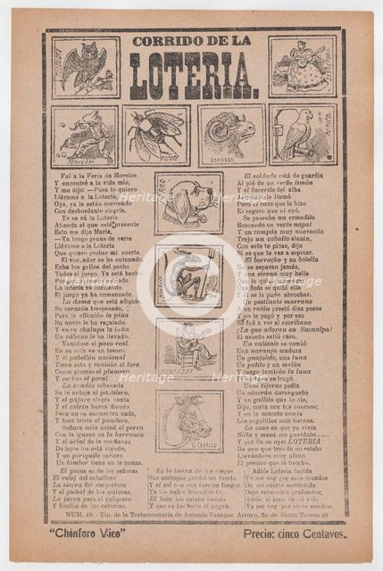 Broadsheet with a ballad about bingo, illustrations of different animals and peop..., ca. 1910-1913. Creator: José Guadalupe Posada.