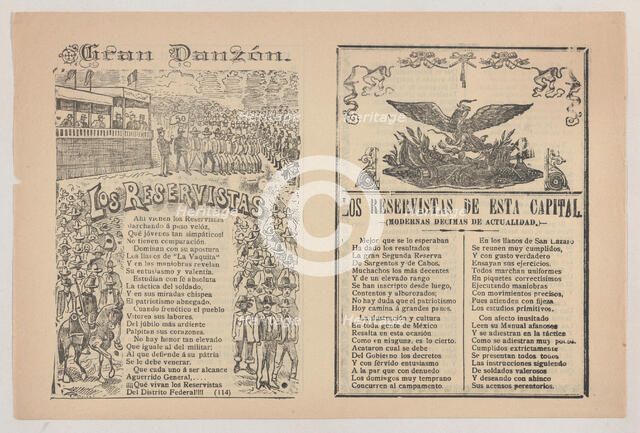 Broadsheet with a song about a military reserve, military personnel in formation,..., ca. 1890-1910. Creator: José Guadalupe Posada.