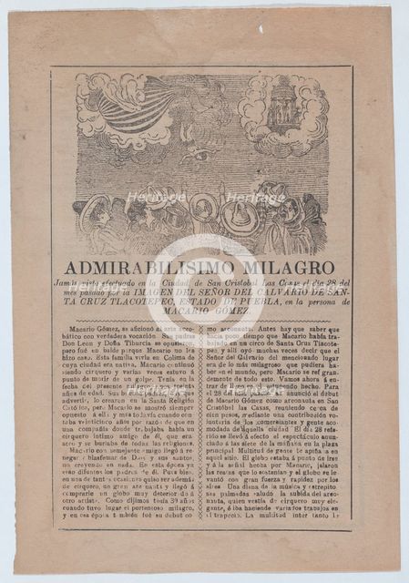 Broadsheet with a story about a miracle in San Cristobal de las Casas, in upper s..., ca. 1900-1913. Creator: José Guadalupe Posada.