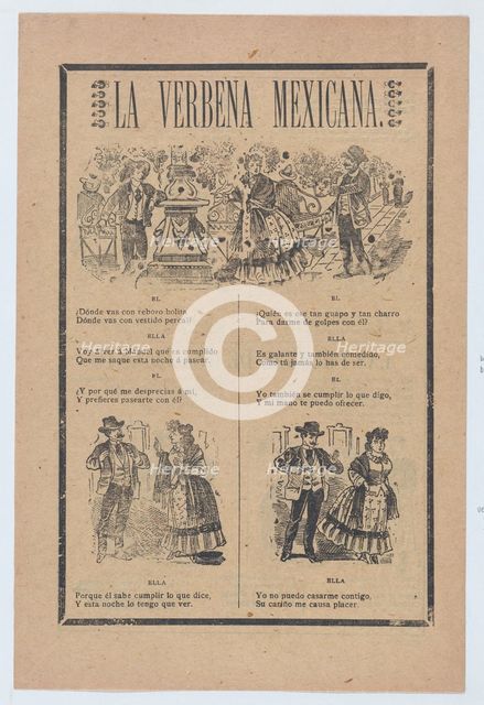Broadsheet with a verse about a woman who rejects a male suitor for another, vign..., ca. 1900-1913. Creator: José Guadalupe Posada.