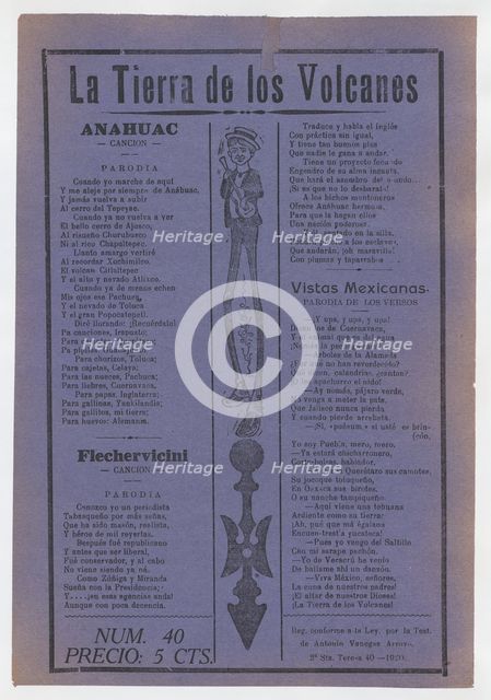 Broadsheet with comic ballads about Mexico, figure with long legs playing the ..., 1920 (published). Creator: José Guadalupe Posada.