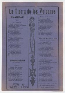 Broadsheet with comic ballads about Mexico, figure with long legs playing the ..., 1920 (published). Creator: José Guadalupe Posada