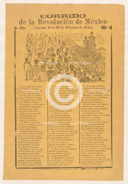 Broadsheet with corrida relating to the Mexican Revolution for the days 9-19 February 1913..., 1913. Creator: José Guadalupe Posada.