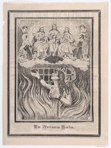Broadsheet with image of a chained woman in purgatory and the Holy Trinity above,..., ca. 1900-1910. Creator: José Guadalupe Posada
