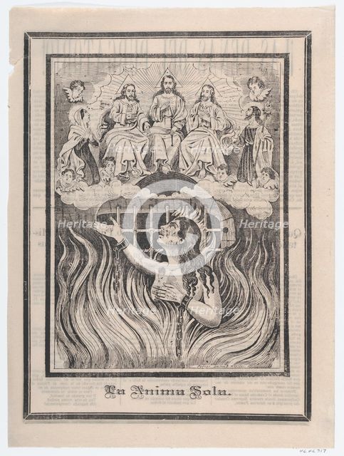Broadsheet with image of a chained woman in purgatory and the Holy Trinity above,..., ca. 1900-1910. Creator: José Guadalupe Posada.