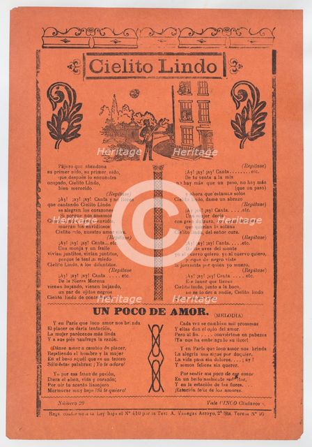 Broadsheet with love songs, man playing an instrument and singing outside of his ..., ca. 1900-1913. Creator: José Guadalupe Posada.