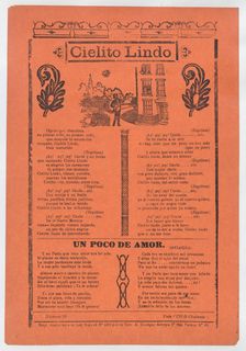 Broadsheet with love songs, man playing an instrument and singing outside of his ..., ca. 1900-1913. Creator: José Guadalupe Posada