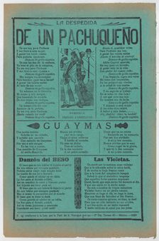 Broadsheet with love songs, man wearing a sarape standing in the street, c..., ca. 1920 (published). Creator: José Guadalupe Posada
