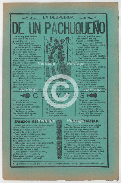 Broadsheet with love songs, man wearing a sarape standing in the street, c..., ca. 1920 (published). Creator: José Guadalupe Posada.