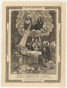 Broadsheet with Saint Camilo de Lelis in bed surrounded by demons, priests and the ..., ca. 1900-10. Creator: Anon