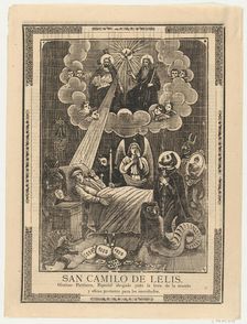 Broadsheet with Saint Camilo de Lelis in bed surrounded by demons, priests and the ..., ca. 1900-10. Creator: Anon
