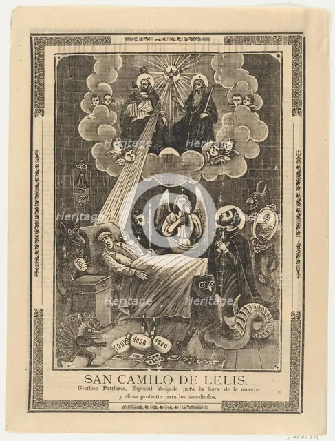 Broadsheet with Saint Camilo de Lelis in bed surrounded by demons, priests and the ..., ca. 1900-10. Creator: Anon.