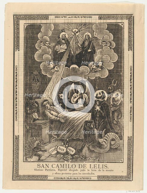 Broadsheet with Saint Camilo de Lelis in bed surrounded by demons, priests and the ..., ca. 1900-10. Creator: Anon.