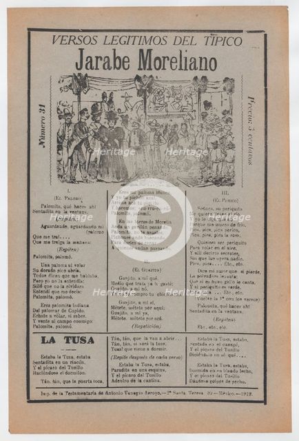 Broadsheet with songs for a Mexican courtship dance called the 'Jarabe Mor..., ca. 1919 (published). Creator: José Guadalupe Posada.