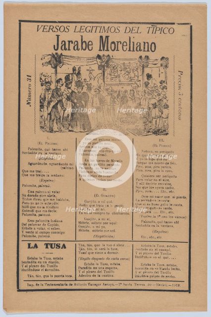 Broadsheet with songs for a Mexican courtship dance called the 'Jarabe Mor..., ca. 1919 (published). Creator: José Guadalupe Posada.