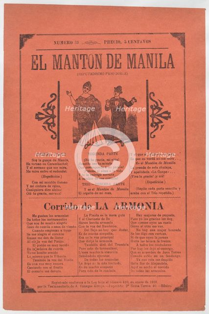 Broadsheet with songs for a two-step dance, a couple dancing, ca. 1918 (pu..., ca. 1918 (published). Creator: José Guadalupe Posada.