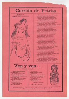 Broadsheet with two different love songs, woman wearing an evening gown si..., ca. 1918 (published). Creator: José Guadalupe Posada