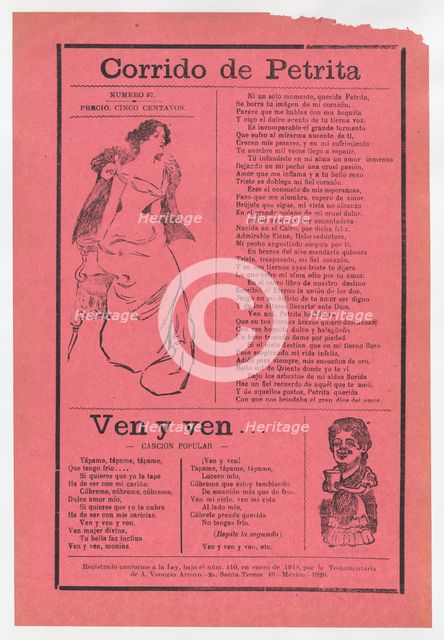 Broadsheet with two different love songs, woman wearing an evening gown si..., ca. 1918 (published). Creator: José Guadalupe Posada.
