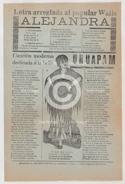 Broadsheet with two love ballads about desirable women, a woman wearing a shaw..., 1916 (published). Creator: José Guadalupe Posada.