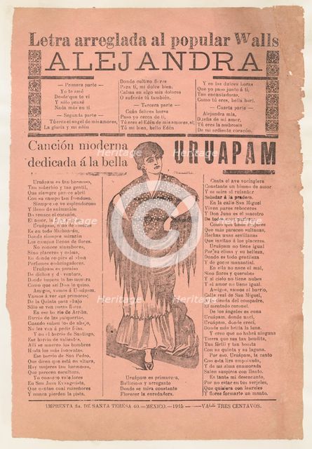 Broadsheet with two narrative love ballads about desirable women, woman wearin..., 1915 (published). Creator: José Guadalupe Posada.