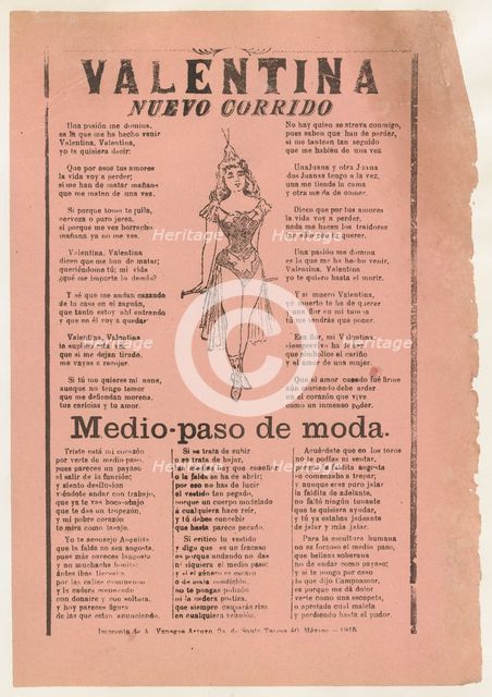 Broadsheet with two narrative love ballads, woman wearing a costume consisting..., 1915 (published). Creator: José Guadalupe Posada.