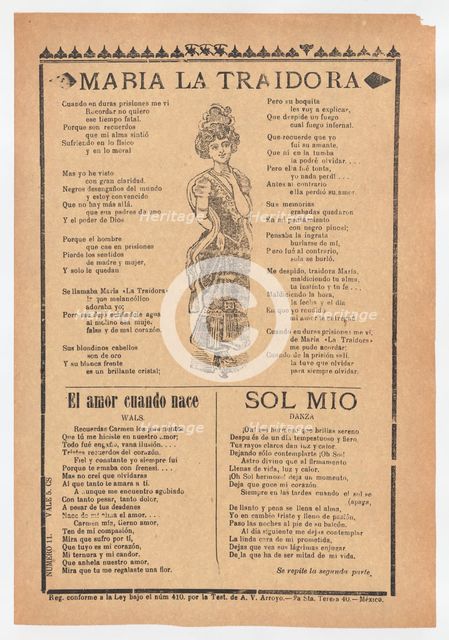 Broadsheet with three ballads about love, a woman wearing a dress and hat p..., ca.1920 (published). Creator: José Guadalupe Posada.