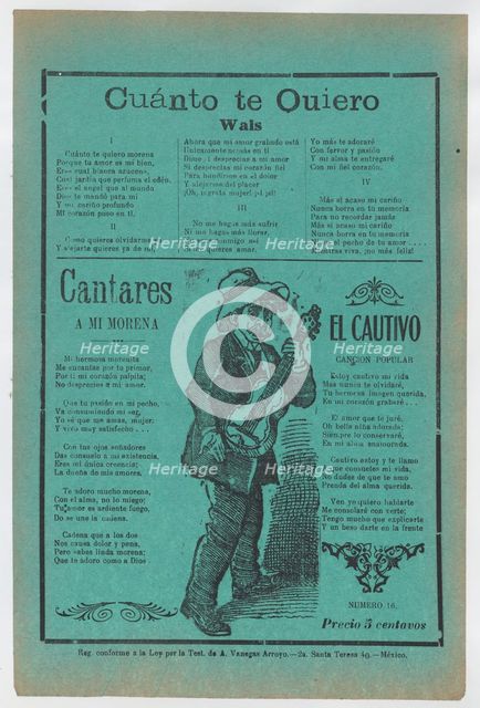 Broadsheet with three love songs; a man singing and playing the guitar..., ca.1900-1920 (published). Creator: José Guadalupe Posada.