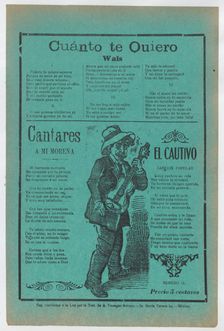 Broadsheet with three love songs; a man singing and playing the guitar..., ca.1900-1920 (published). Creator: José Guadalupe Posada