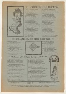 Broadsheet featuring three love ballads with vignettes showing a woman reading..., 1918 (published). Creator: José Guadalupe Posada