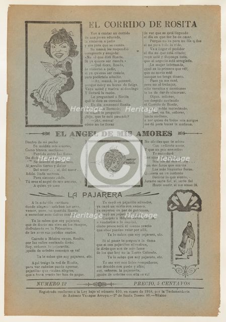 Broadsheet featuring three love ballads with vignettes showing a woman reading..., 1918 (published). Creator: José Guadalupe Posada.