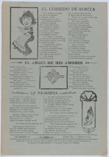 Broadsheet featuring three love ballads with vignettes showing a woman reading..., 1918 (published). Creator: José Guadalupe Posada