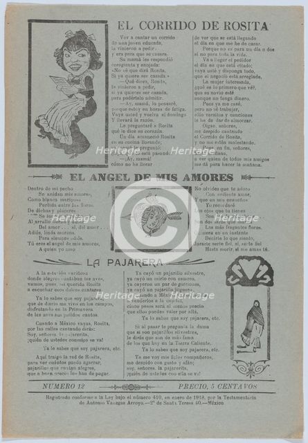 Broadsheet featuring three love ballads with vignettes showing a woman reading..., 1918 (published). Creator: José Guadalupe Posada.