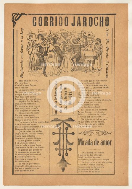 Broadsheet featuring two corrido narrative love ballads, multiple couples danc..., 1919 (published). Creator: José Guadalupe Posada.