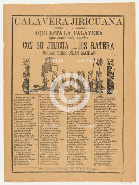 Broadsheet relating to the calavera (skeleton) Jiricuana, a corrida (ballad) in t..., ca. 1895-1910. Creator: Anon.